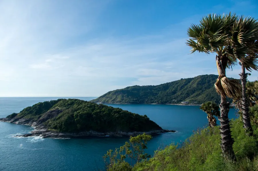 A stunning view of the lush islands and blue ocean in Phuket Thailand