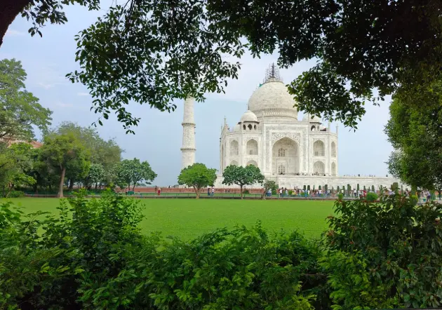 Framed by lush greenery this iconic view of the Taj Mahal captures its timeless beauty Agra UP