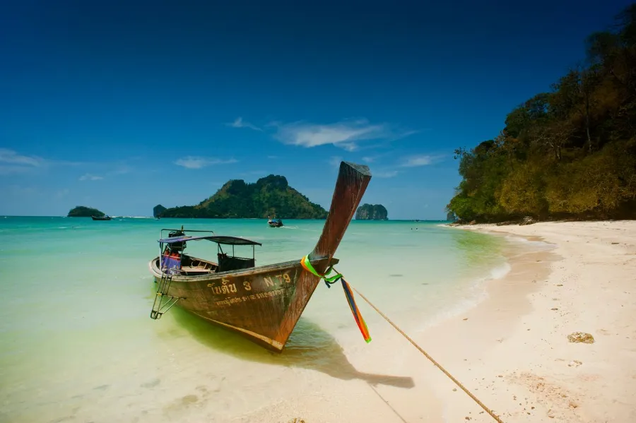 Scenic view of a traditional longtail boat on Ao Nang's turquoise beach in Krabi Thailand