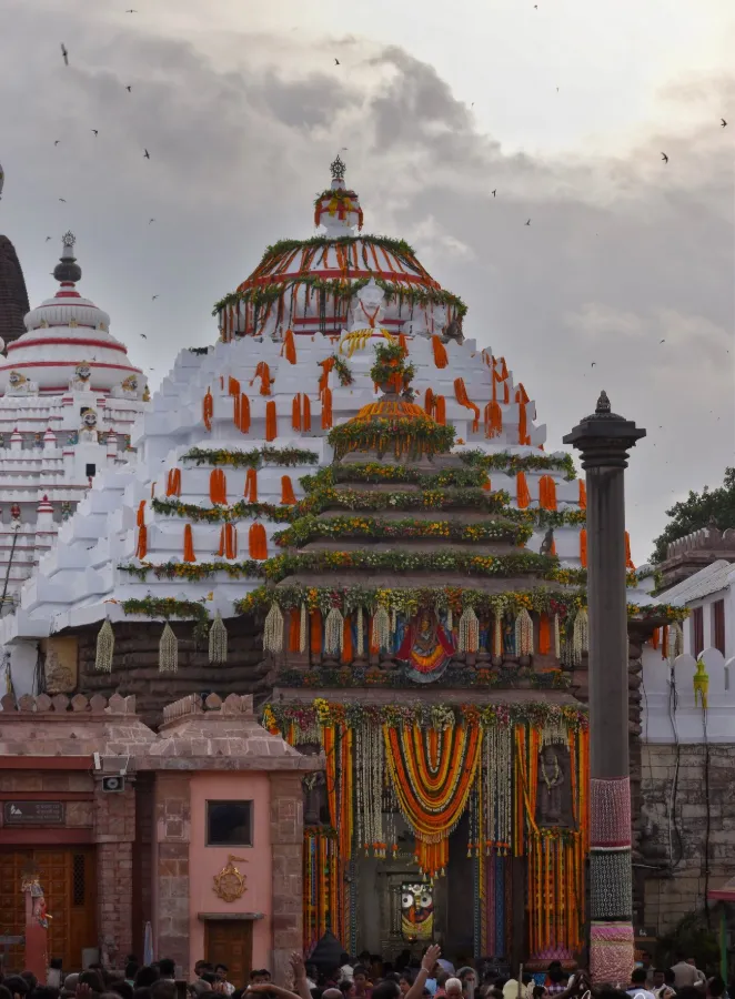 Stunning capture of the Jagannath Temple in Puri India adorned with vibrant decorations