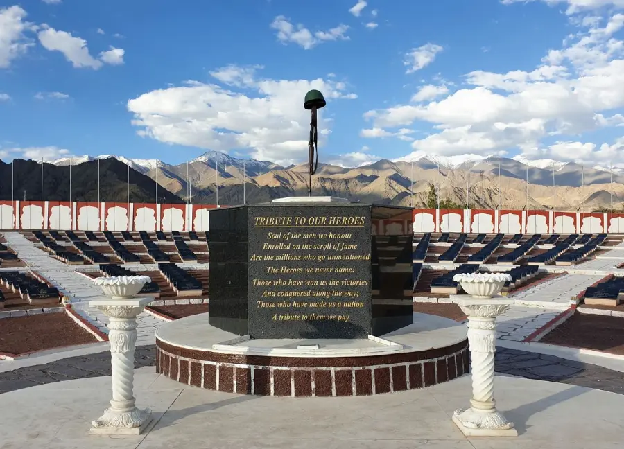 The Kargil War Memorial honor fallen soldiers with mountainous backdrop in Ladakh