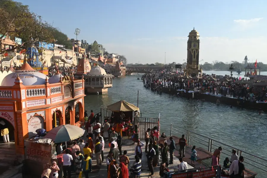Vibrant scene at the Ganges Ghats in Haridwar during a Hindu festival